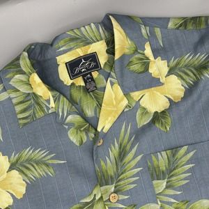 Bermuda Bay‎ Hawaiian Shirt Mens Large Blue Yellow Floral Short Sleeve 100% Silk